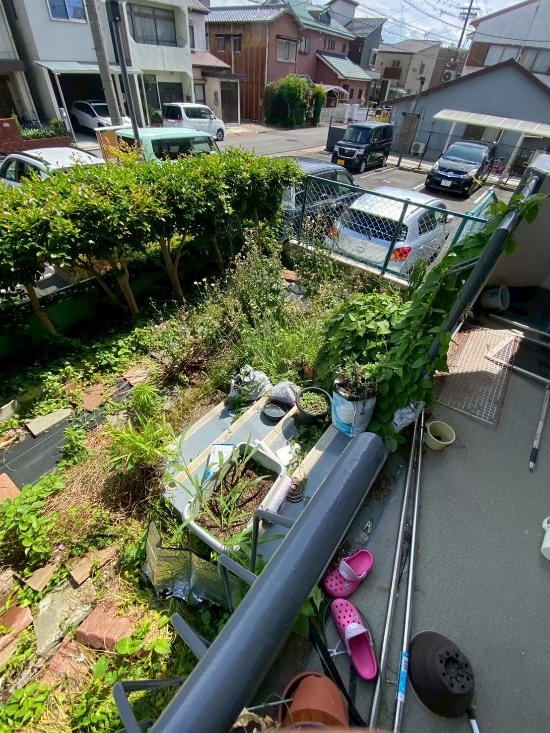名古屋市西区の残置物撤去、作業前に鉢植えや園芸用品が残された屋外の様子